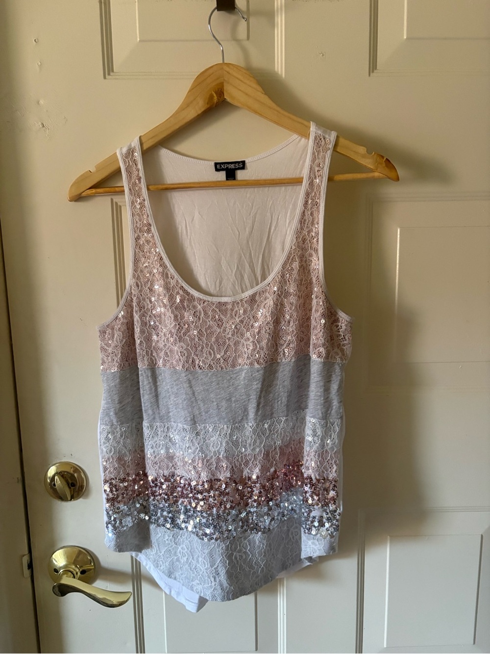 Express Lace & Sequin Striped Tank in Blush and Light Gray